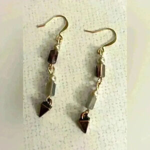 NEW rainbow fluorite and vintage faux pearl dangle earrings